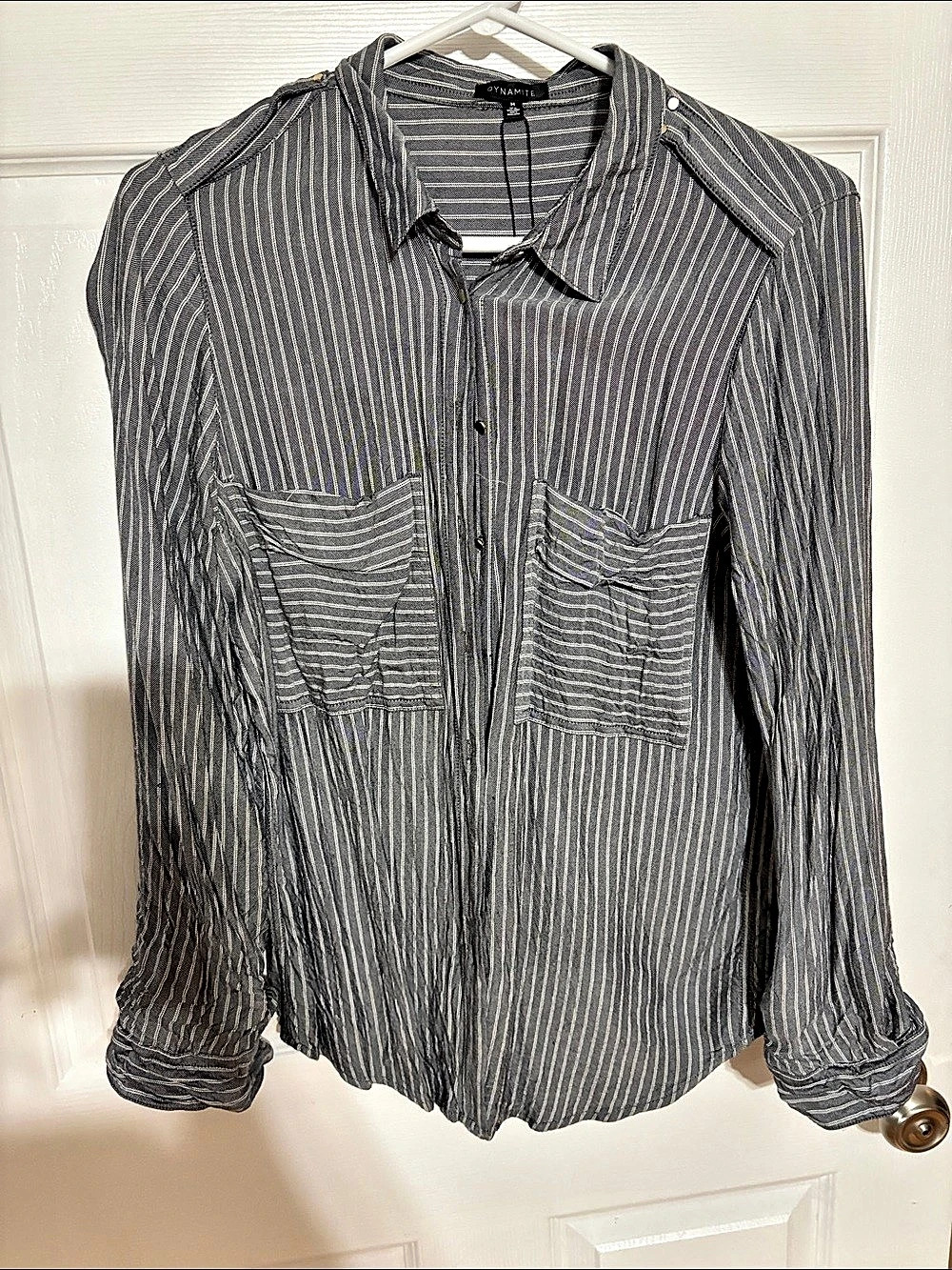 Dynamite Striped Button Down Shirt in Gray & White Size Medium